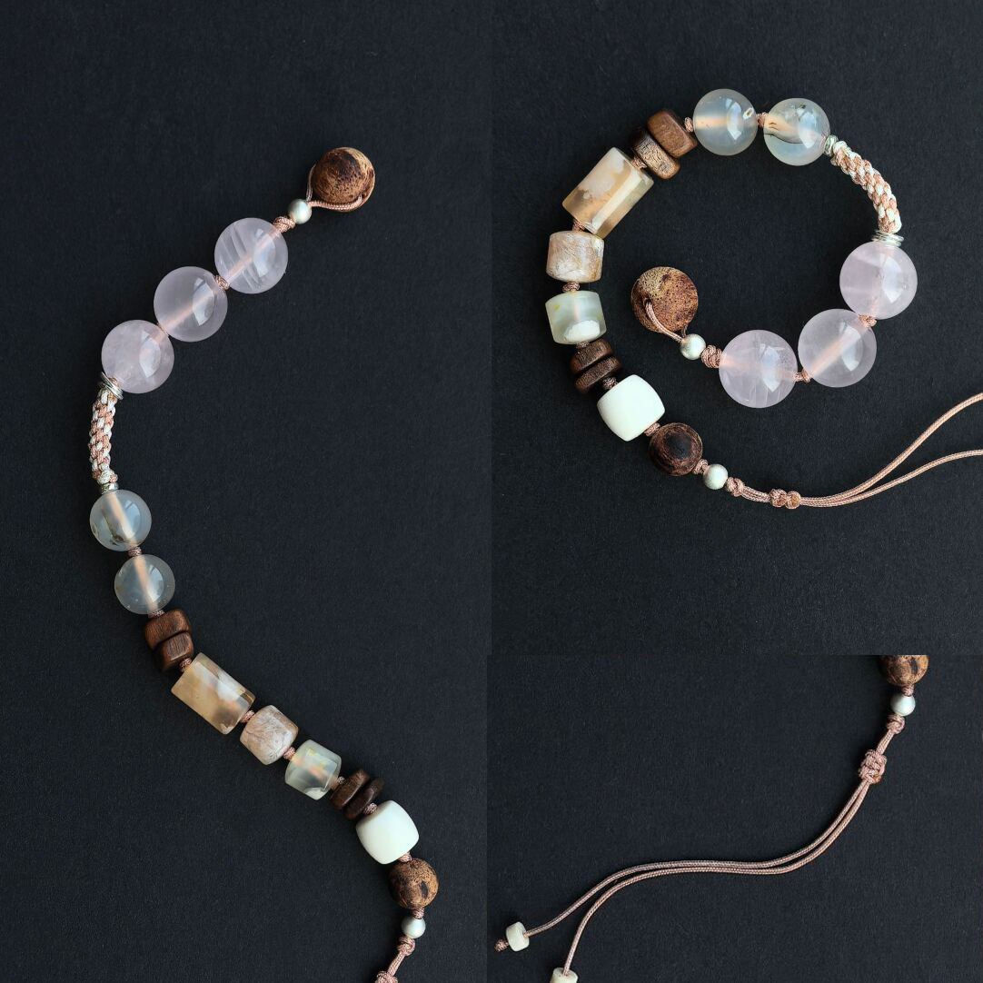 Warm Wood & Fragrant Growth - Agate & Agarwood & Pink Quartz Bracelet ·14cm