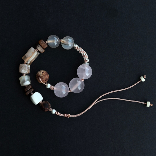 Warm Wood & Fragrant Growth - Agate & Agarwood & Pink Quartz Bracelet ·14cm