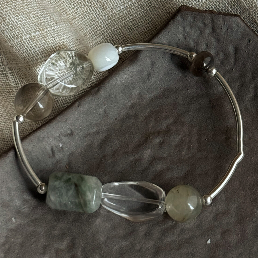 S925 Sterling Silver Green Phantom Raw Clear & Smoky Quartz Bracelet