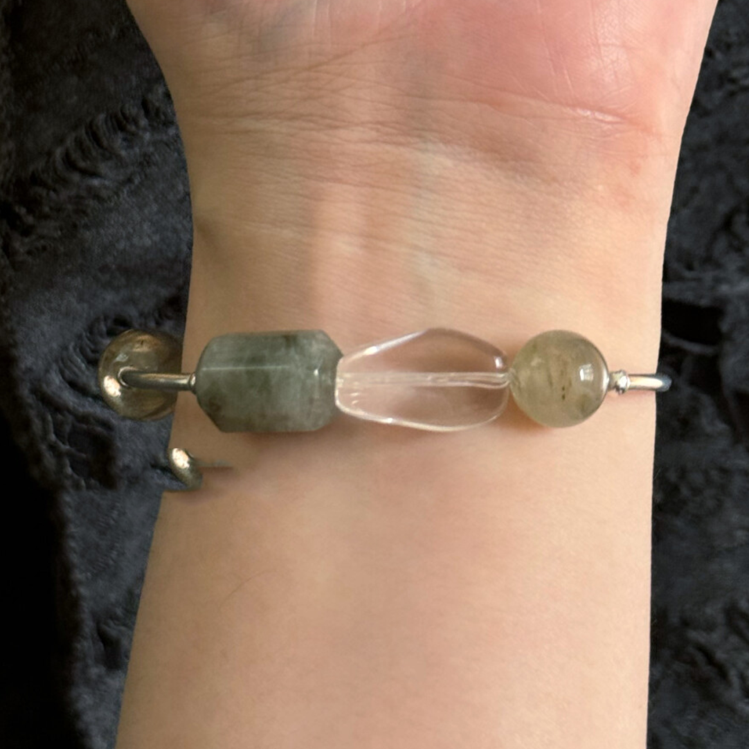 S925 Sterling Silver Green Phantom Raw Clear & Smoky Quartz Bracelet