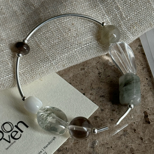 S925 Sterling Silver Green Phantom Raw Clear & Smoky Quartz Bracelet