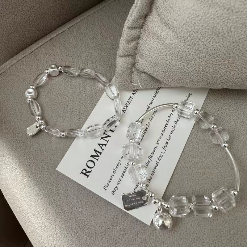 Dual-Metal Wealth Bracelet – Sterling Silver & Natural White Quartz Square Pendant Chain