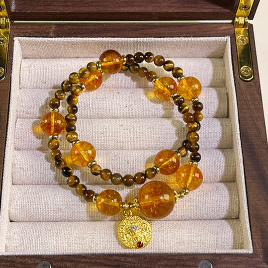 "Fortune Floods In" - Tiger's Eye & Citrine Double-Strand Crystal Bracelet