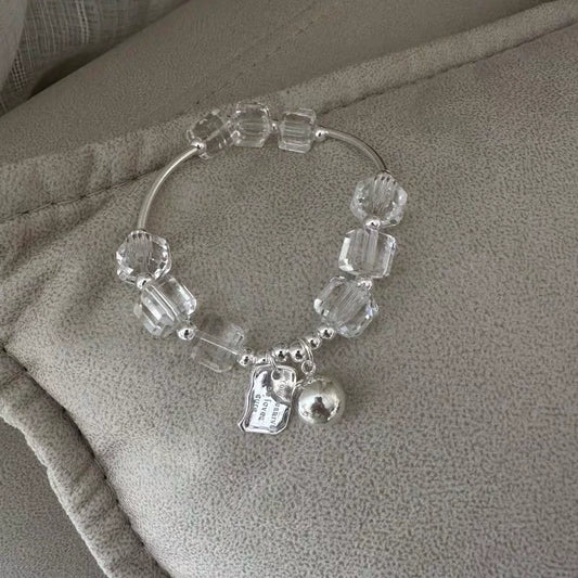 Dual-Metal Wealth Bracelet – Sterling Silver & Natural White Quartz Square Pendant Chain