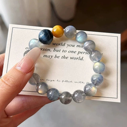 Wealth & Career Success - Grey Moonstone with Gold & Blue Tiger Eye Bracelet