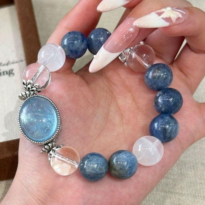 Clear Mind, Effortless Connections - Aquamarine & Kyanite & Clear Quartz & White Phantom Bracelet