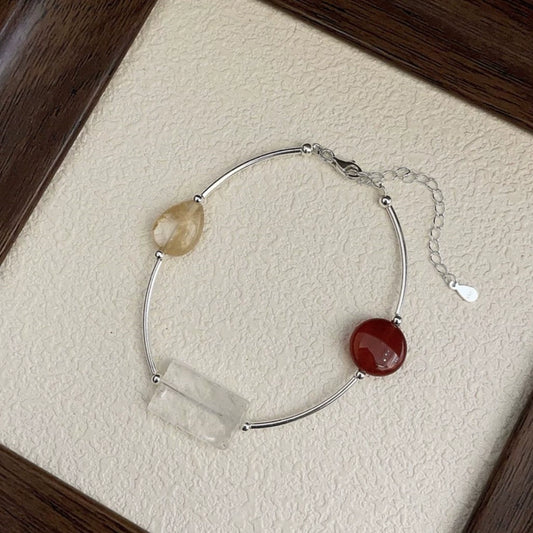 Where Logic Meets Passion - Freeform Citrine, Clear Quartz & Red Agate Silver Tube Bracelet