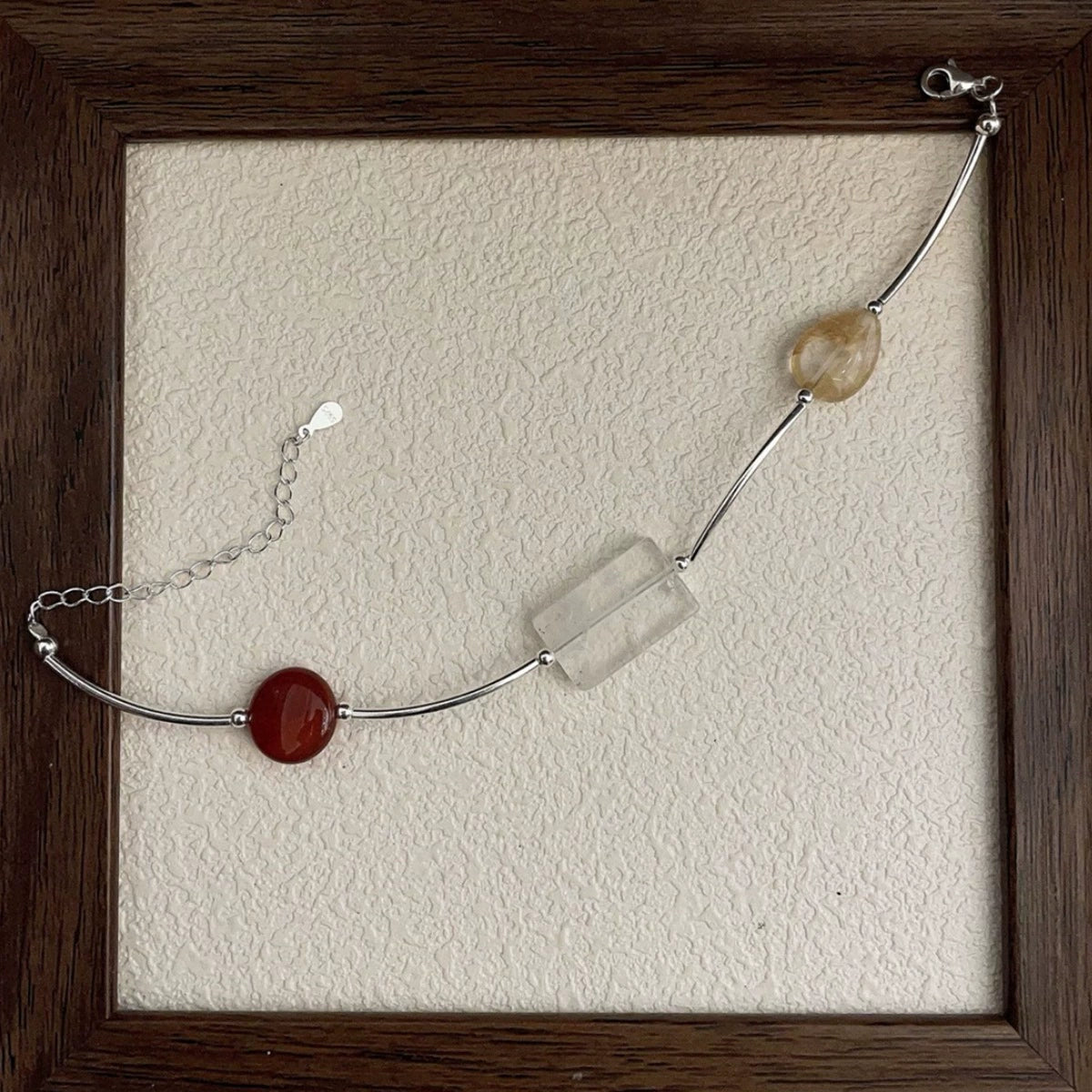 Where Logic Meets Passion - Freeform Citrine, Clear Quartz & Red Agate Silver Tube Bracelet