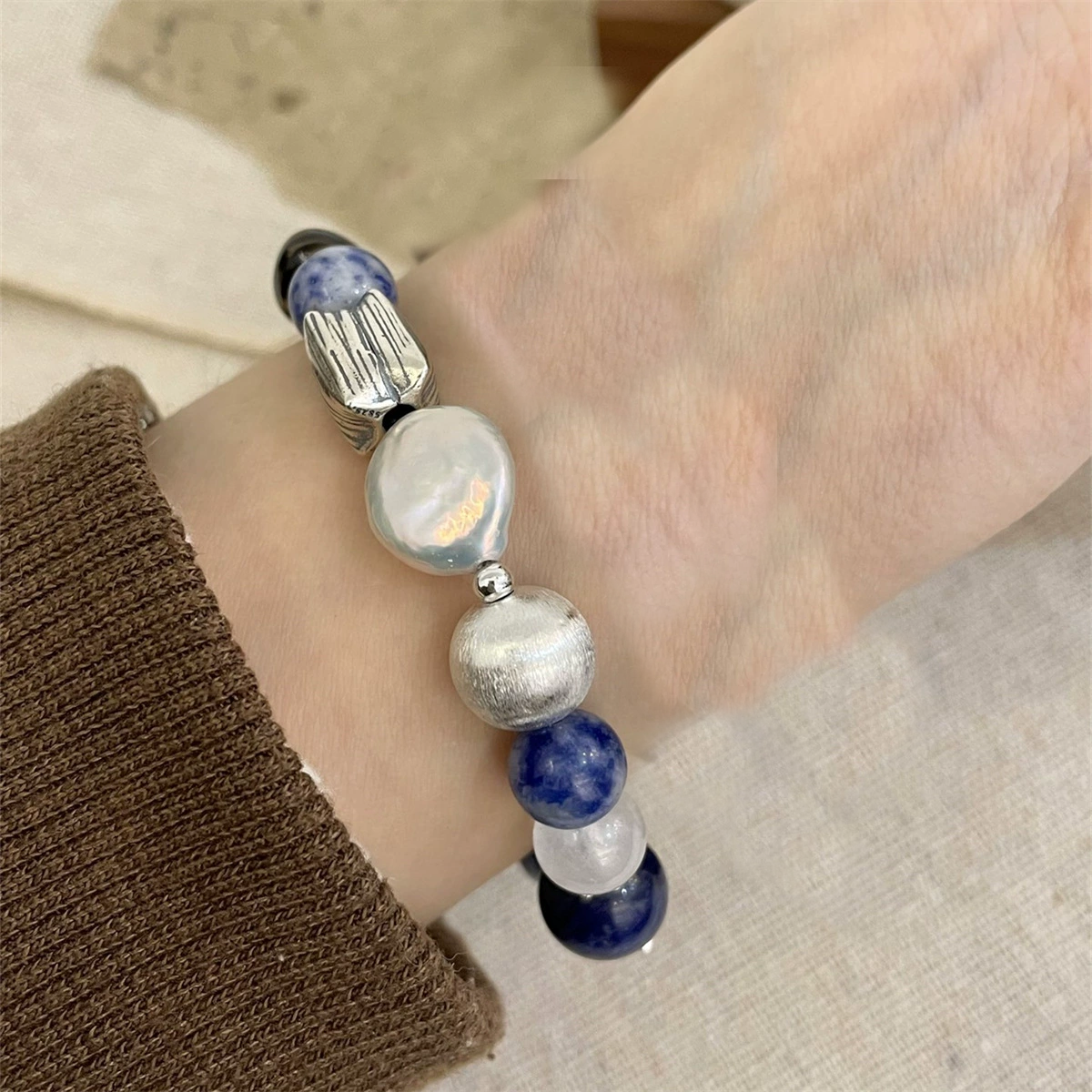 Emotional Stability - Baroque Pearl & Agate Sterling Silver Energy Bracelet Set