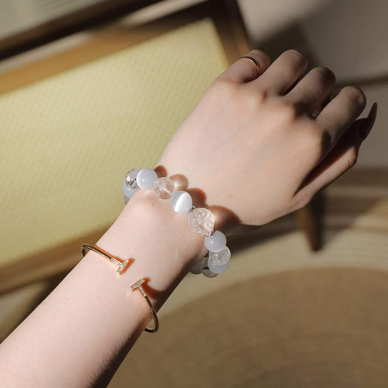 Fortune-Blessing - Pixiu White Crystal Cat's Eye Bracelet
