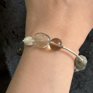 S925 Sterling Silver Green Phantom Raw Clear & Smoky Quartz Bracelet