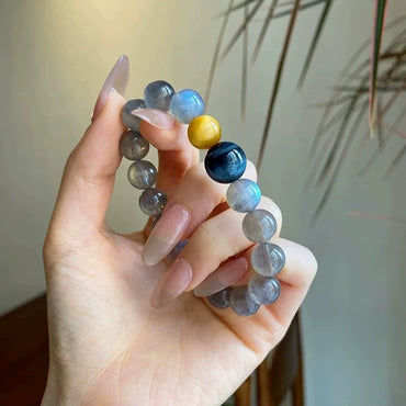 Wealth & Career Success - Grey Moonstone with Gold & Blue Tiger Eye Bracelet