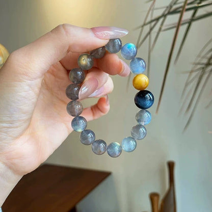 Wealth & Career Success - Grey Moonstone with Gold & Blue Tiger Eye Bracelet