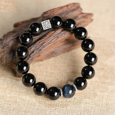 Wisdom-Shield Dual Fortune – Black Obsidian & Blue Tiger's Eye Bracelet
