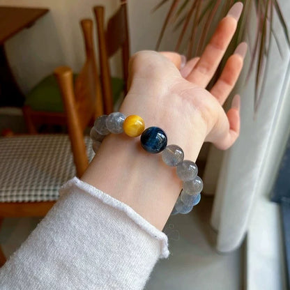 Wealth & Career Success - Grey Moonstone with Gold & Blue Tiger Eye Bracelet